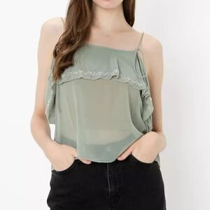 Zara Sea‎ Foam Green Sheer Ruffle Tie Embroidered Women's Top